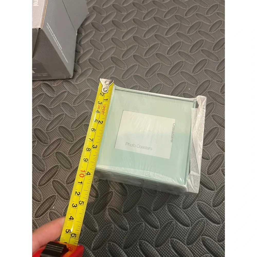 New Four Crate and Barrel Glass Photo Coasters hold 2 x 2.75 Pics With A Stand